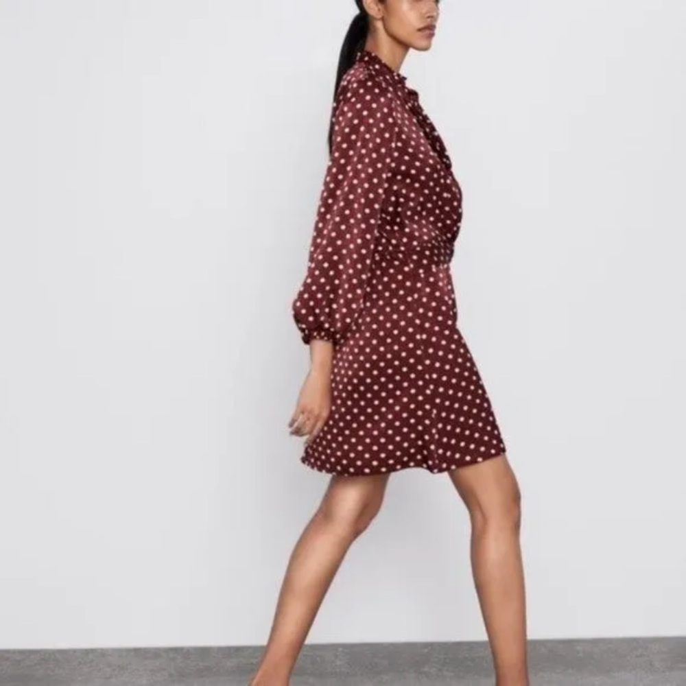 NWOT Women ZARA POLKA DOT SILKY / SATIN MINI DRESS BLOGGERS FAV Wine Small (Q) - Picture 4 of 12